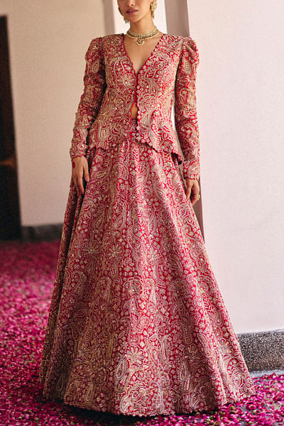 Red paisley embroidered jacket and lehenga