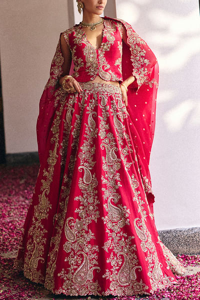 Red paisley embroidered lehenga set