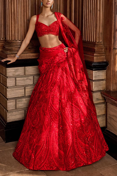 Red paisley embroidered lehenga set