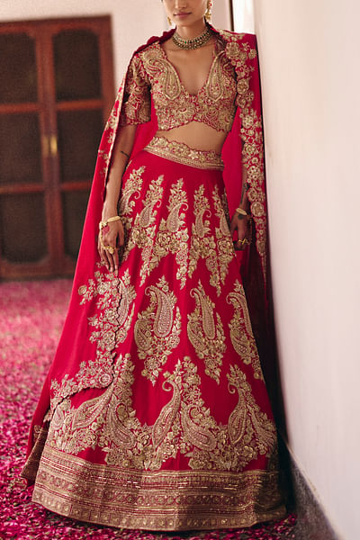 Red paisley hand embroidered lehenga set