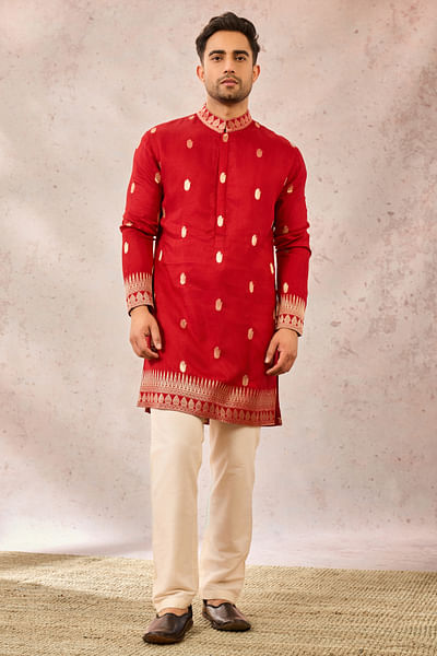 Red palm printed jacquard silk kurta