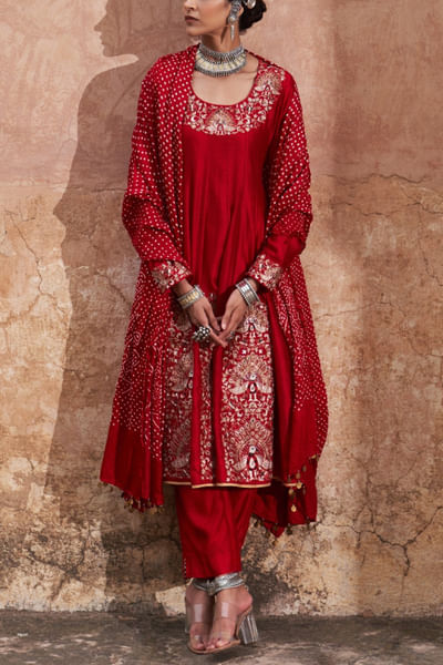 Red peacock embroidered anarkali set