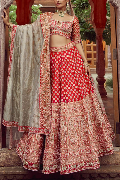 Red pearl and sequin embroidery lehenga set