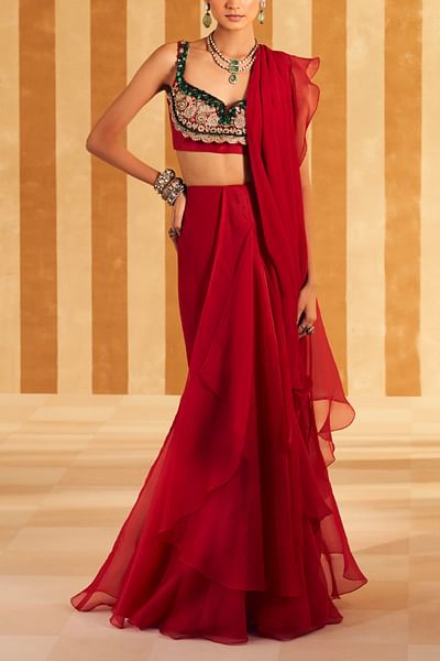 Red pre-draped ruffled sari set