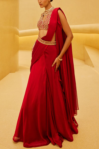 Red pre-draped sari set