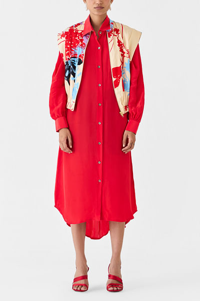 Red printed bolero jacket and shirt dress
