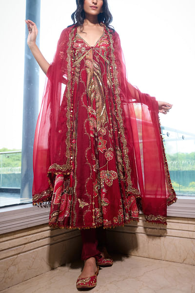 Red printed front-open anarkali set