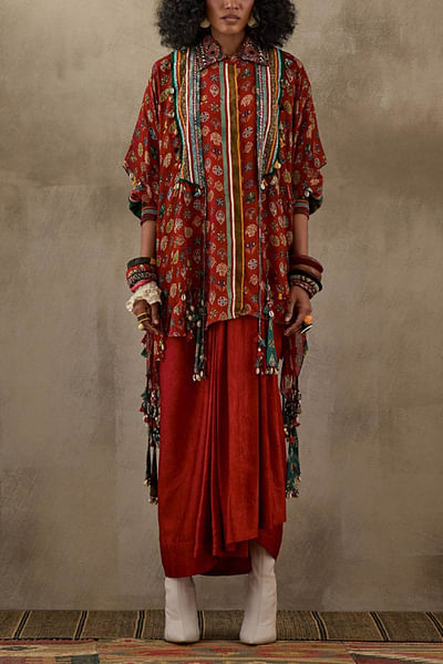Red printed jacket set