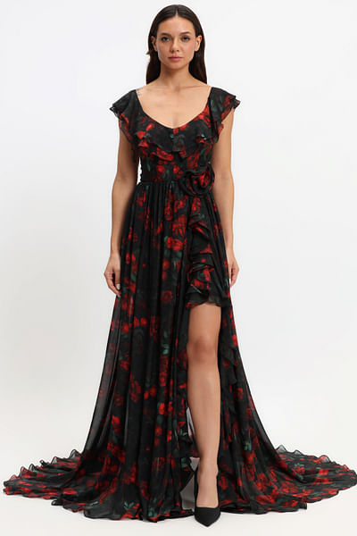 Red rose printed ruffle gown