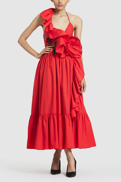 Red ruffled embroidered midi dress