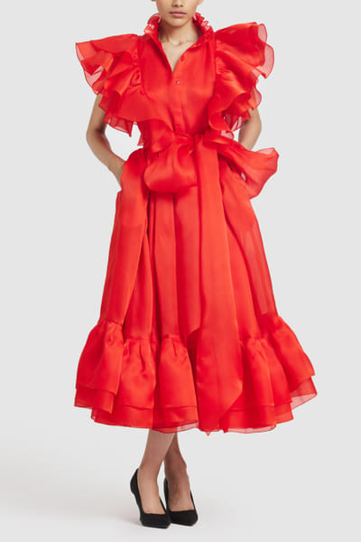 Gauri and Nainika Red ruffled shirt dress GAUJAN25D14137