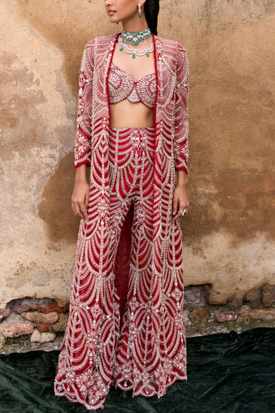 Red scallop embellished jacket set