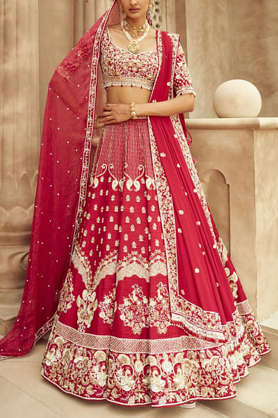 Red sequin and cutdana embroidery lehenga set