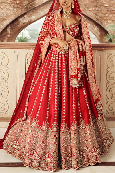 Red sequin and pearl embroidery lehenga set