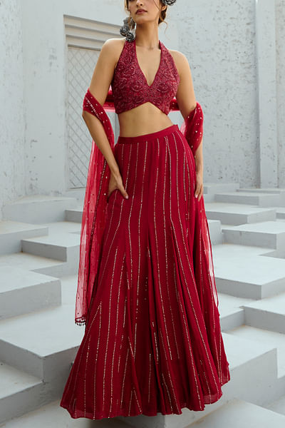 Red sequin embellished lehenga set