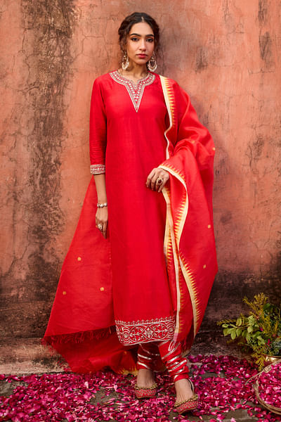 Red sequin embroidered kurta set