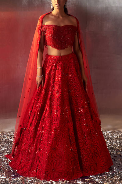 Red sequin embroidered lehenga set