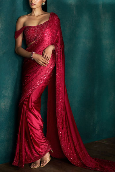 Red sequins embroidered sari set