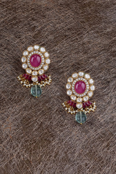 Red stone and moissanite polki drop studs