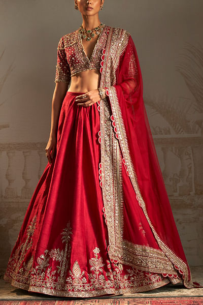 Red tree and floral embroidery lehenga set