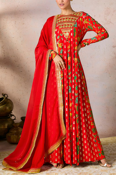 Red tropical printed anarkali set