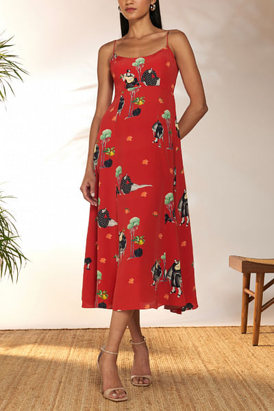 Red tropical tropical printed backless dress