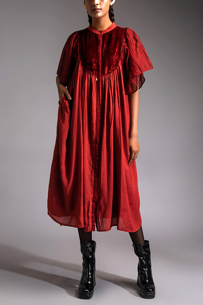 Red velvet yoke midi dress