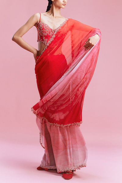 Red watercolour ombre printed sari set
