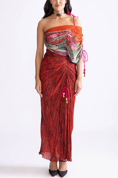Red wave and floral printed maxi dress