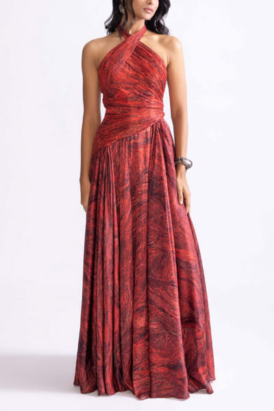 Red wave printed pleated halter dress