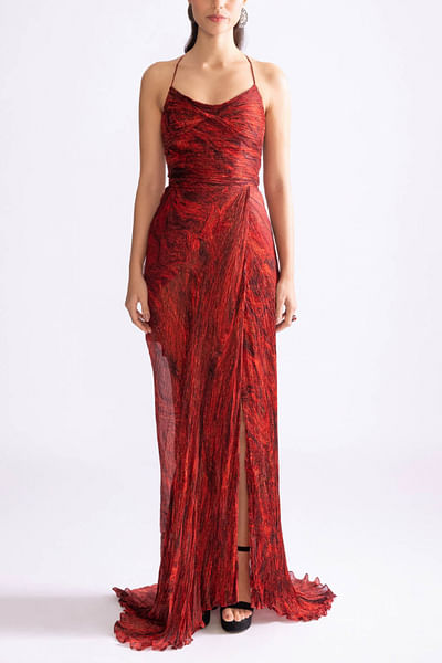 Red wave printed pleated maxi dress
