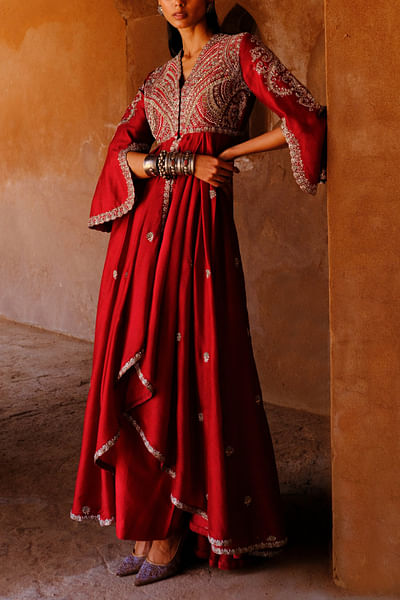 Red zardozi embroidered anarkali set