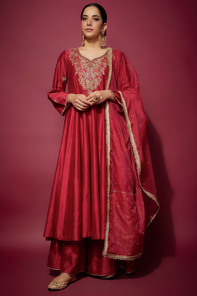 Red zardozi embroidered anarkali set