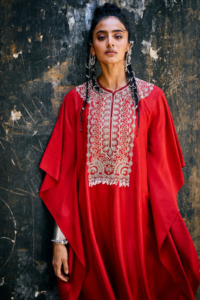 Red zardozi embroidered kaftan
