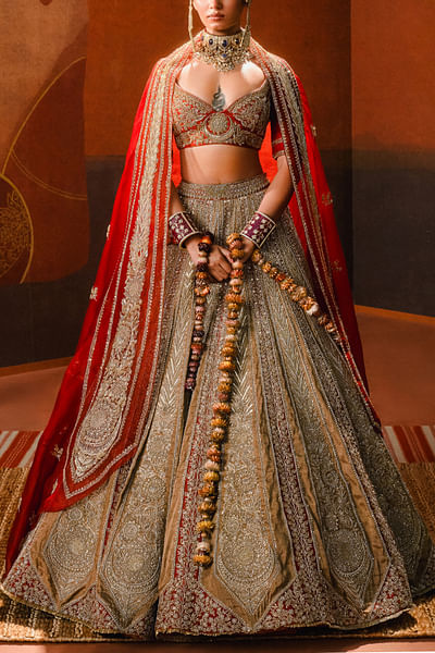 Red zardozi embroidered lehenga set
