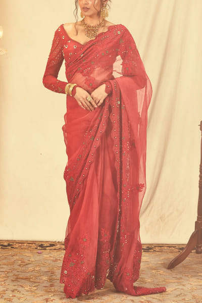 Red zardozi embroidered sari
