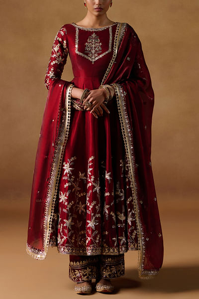 Red zari embroidered anarkali set