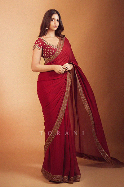 Red zari embroidered sari set