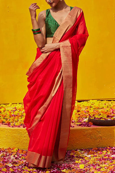 Red zari handwoven sari