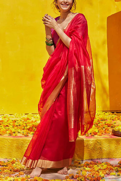 Red zari woven sari