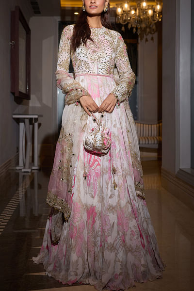 Rose floral and leaf printed anarkali set