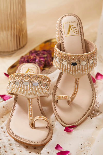 Rose gold bead embellished pair of block heels