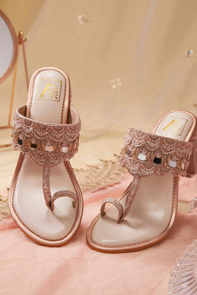 Rose gold bead embellished pair of block heels