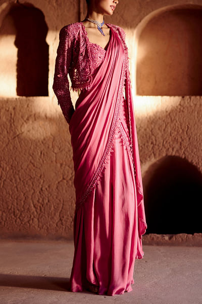 Rose gold draped sari set
