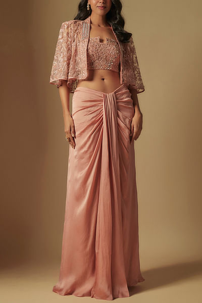 Rose gold embroidered cape and drape skirt set