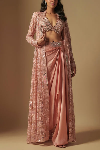 Rose gold embroidered draped skirt set
