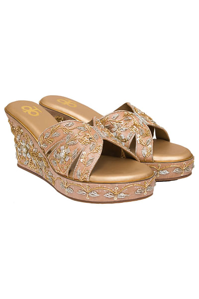Rose gold embroidered wedges