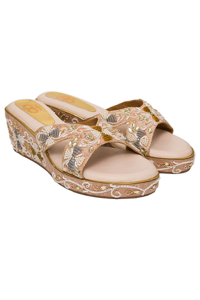 Rose gold floral embroidered wedges