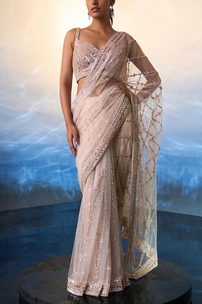Rose gold linear embroidered sari set