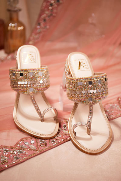Rose gold mirror embellished block heels